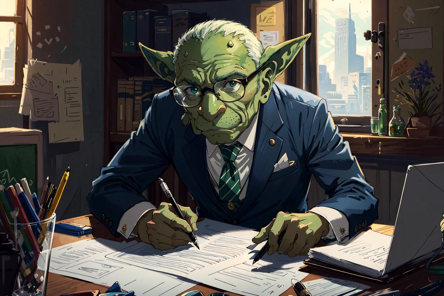 A green, old man wearing glasses and a suit is writing at a desk.