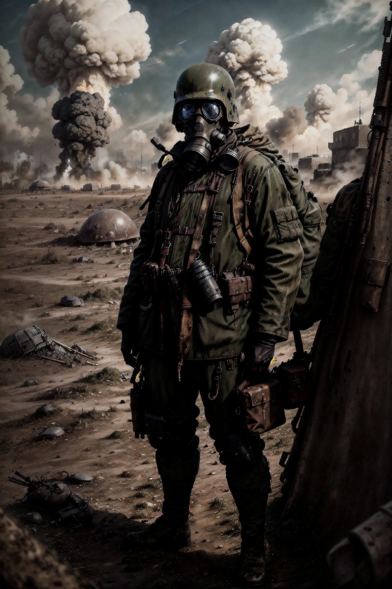 Man in gas mask and uniform holding a canister, standing in a desert setting.
