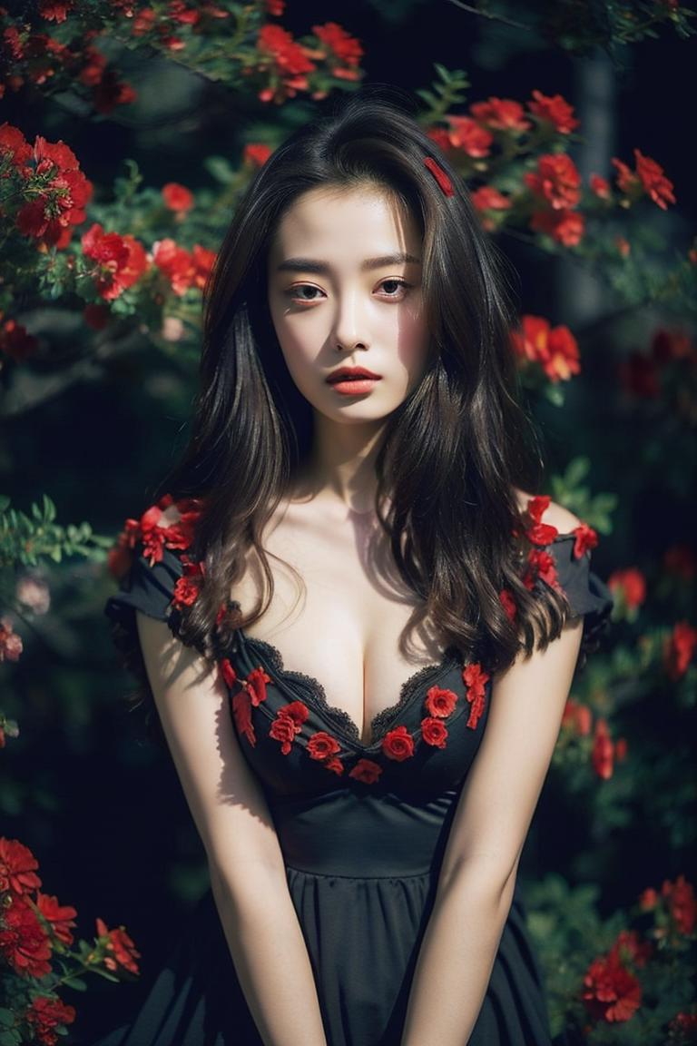 A woman wearing a black top with red flowers is posing in front of a tree.