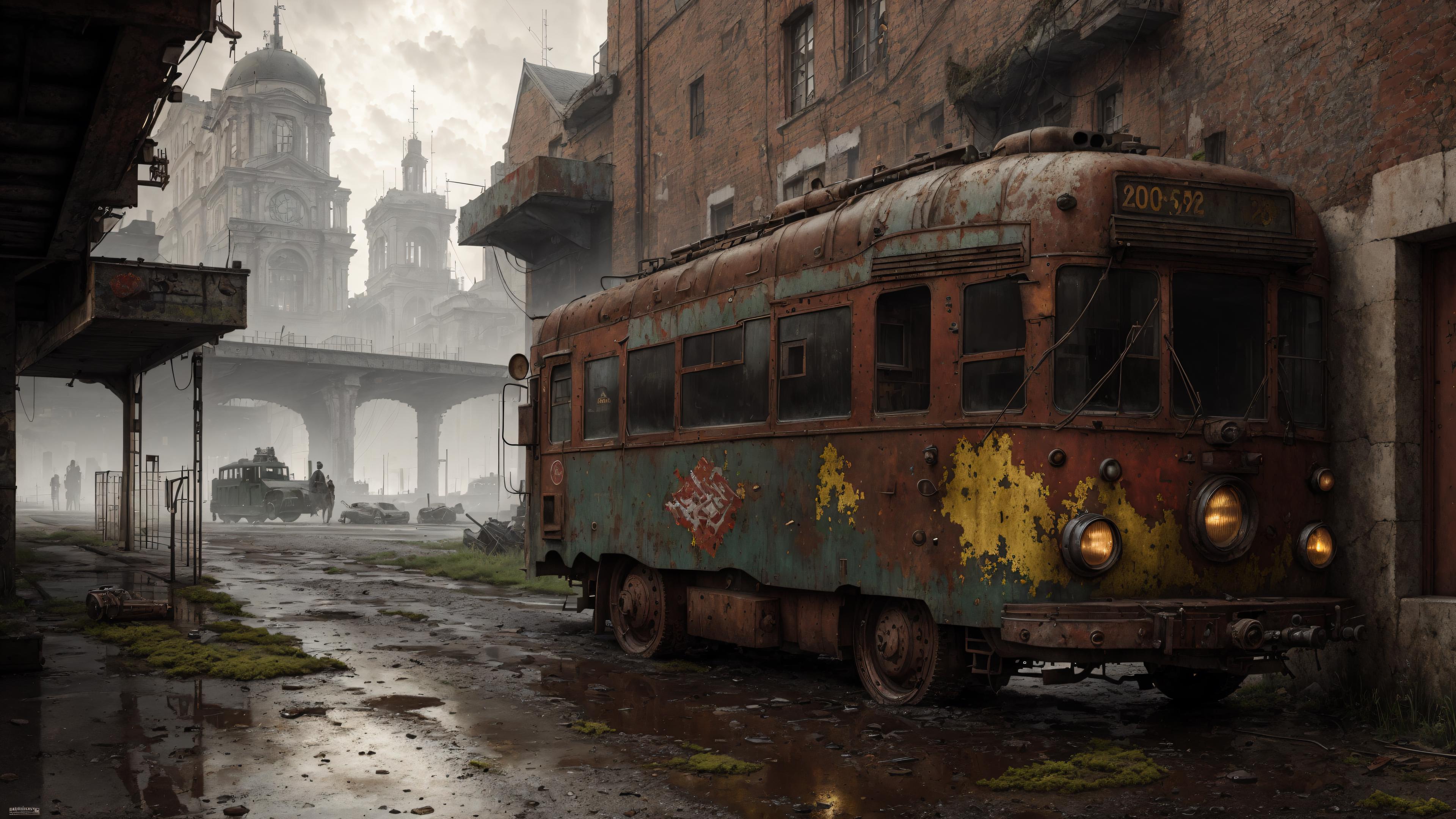 A rusty, old bus with graffiti on it is parked in a city street.