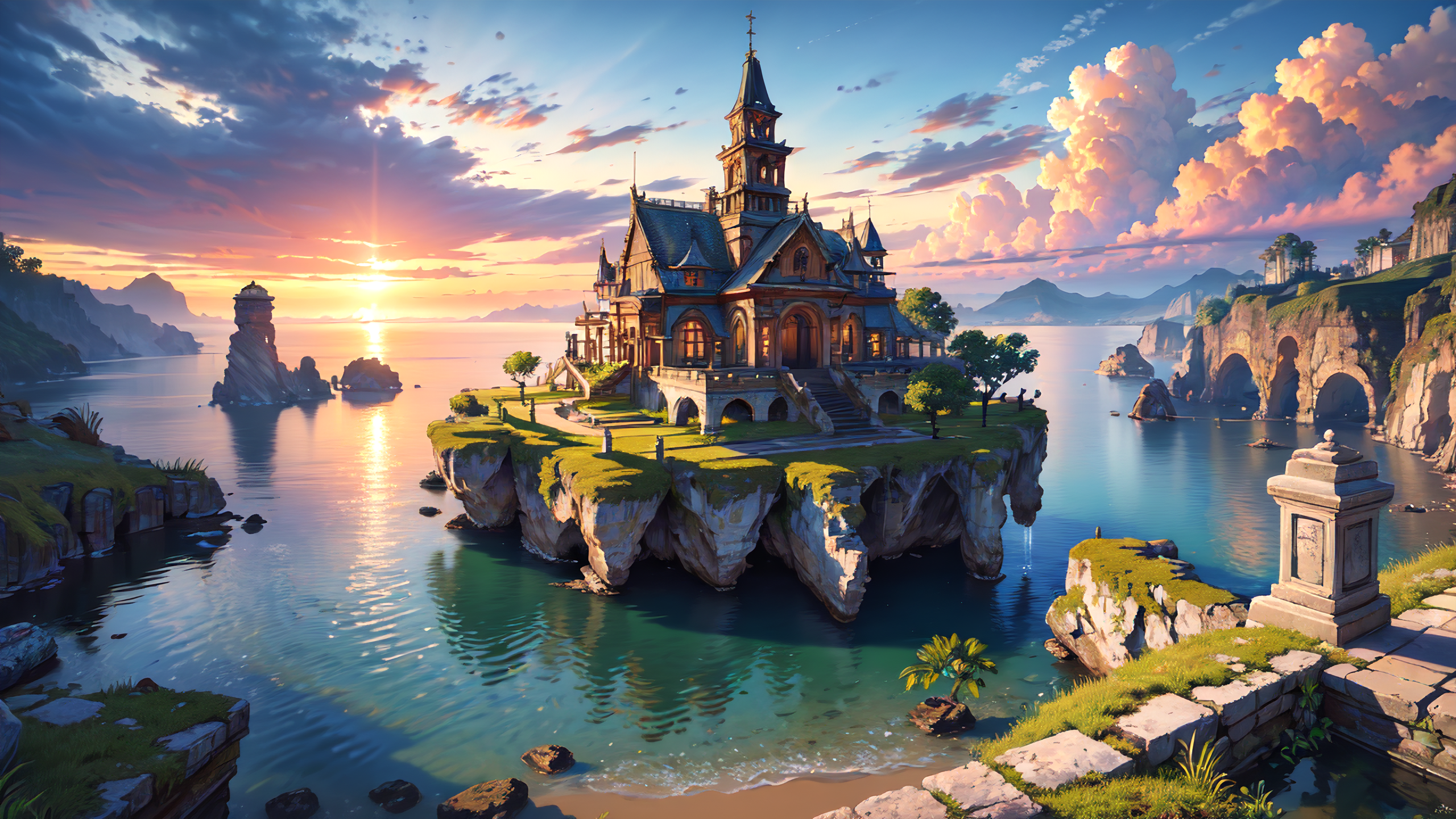 A castle-like house sits on a rock in the middle of the ocean.