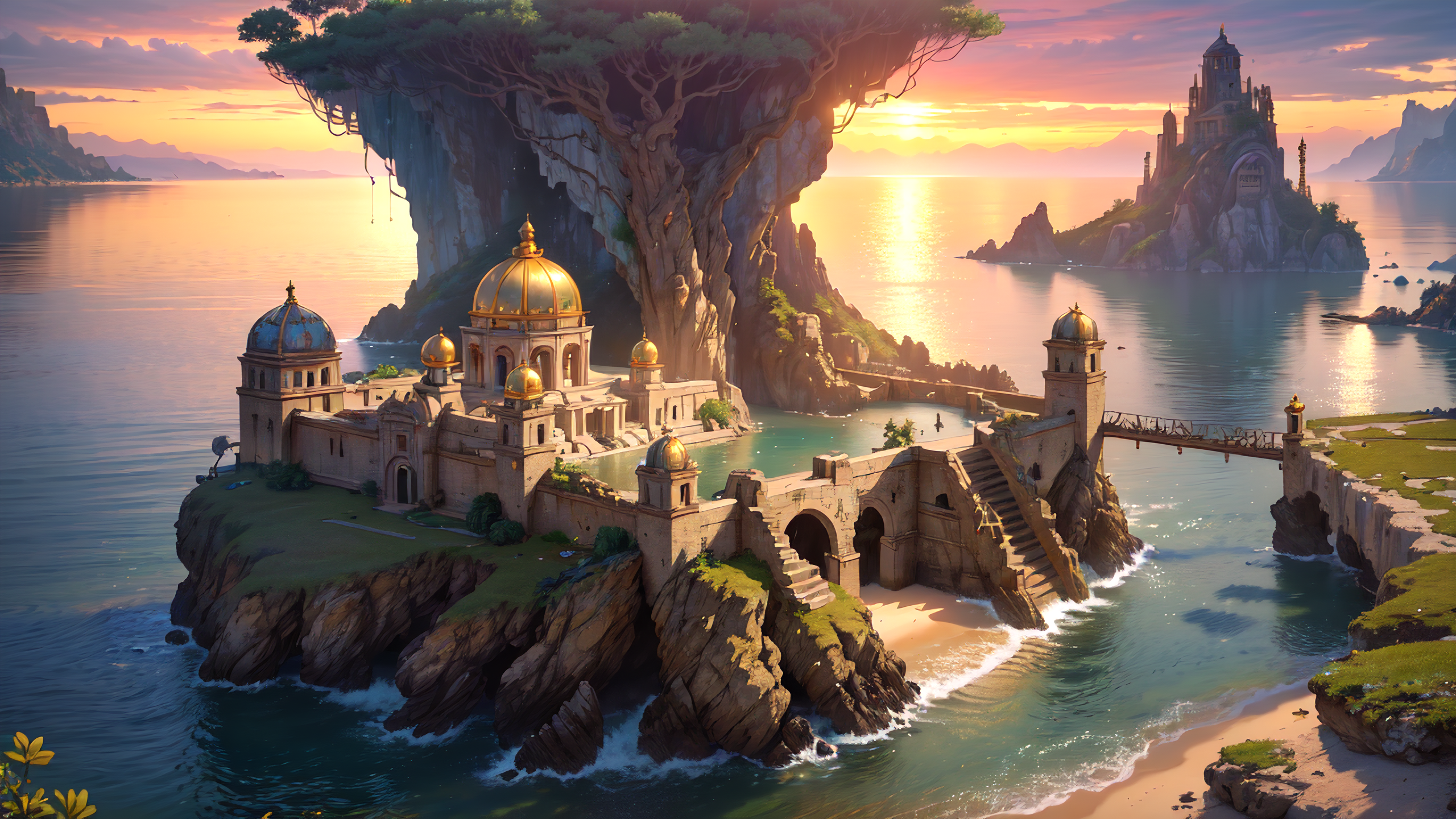 A painting of a fantastical island with a temple, water, and stairs.