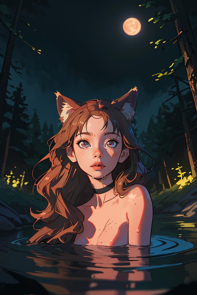 A girl with fox ears and a necklace sitting in the water.