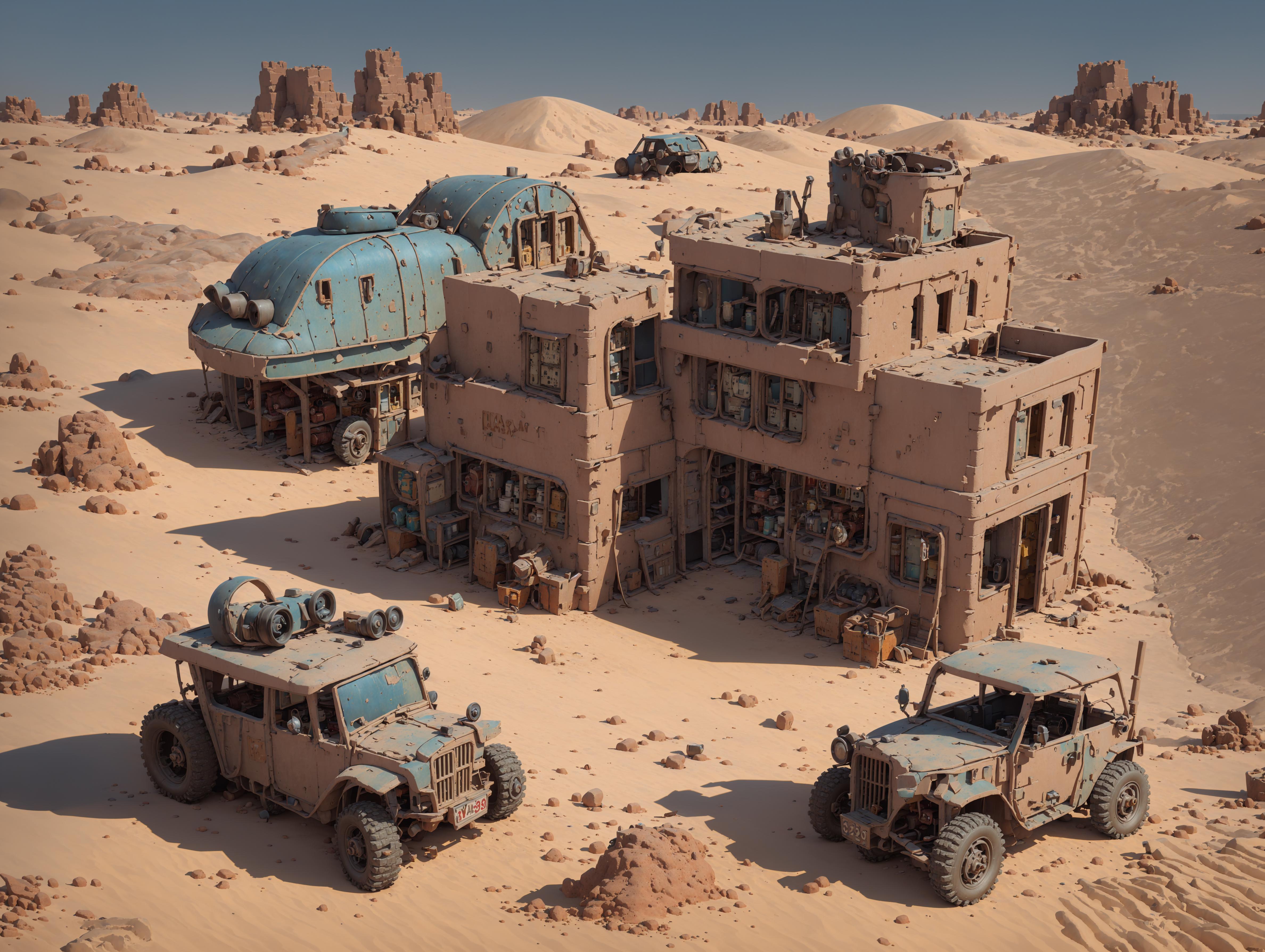 A Dilapidated Town in a Desert with Rusted Trucks and Buildings