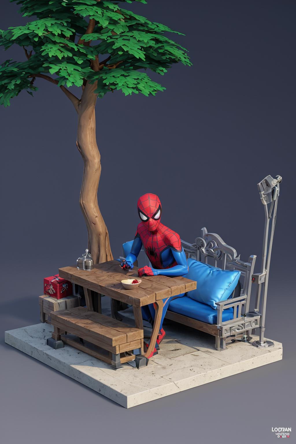 Spider-Man sitting on a couch under a tree, posed with a spoon in his hand.