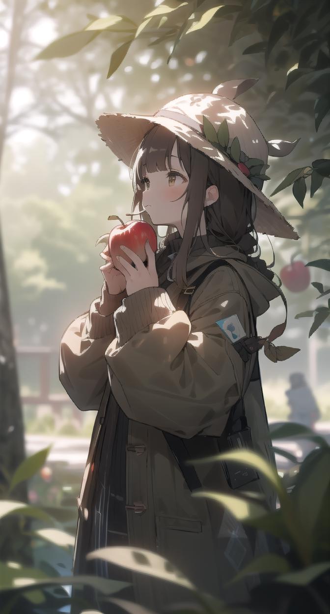 A girl holding an apple while wearing a hat and a jacket.