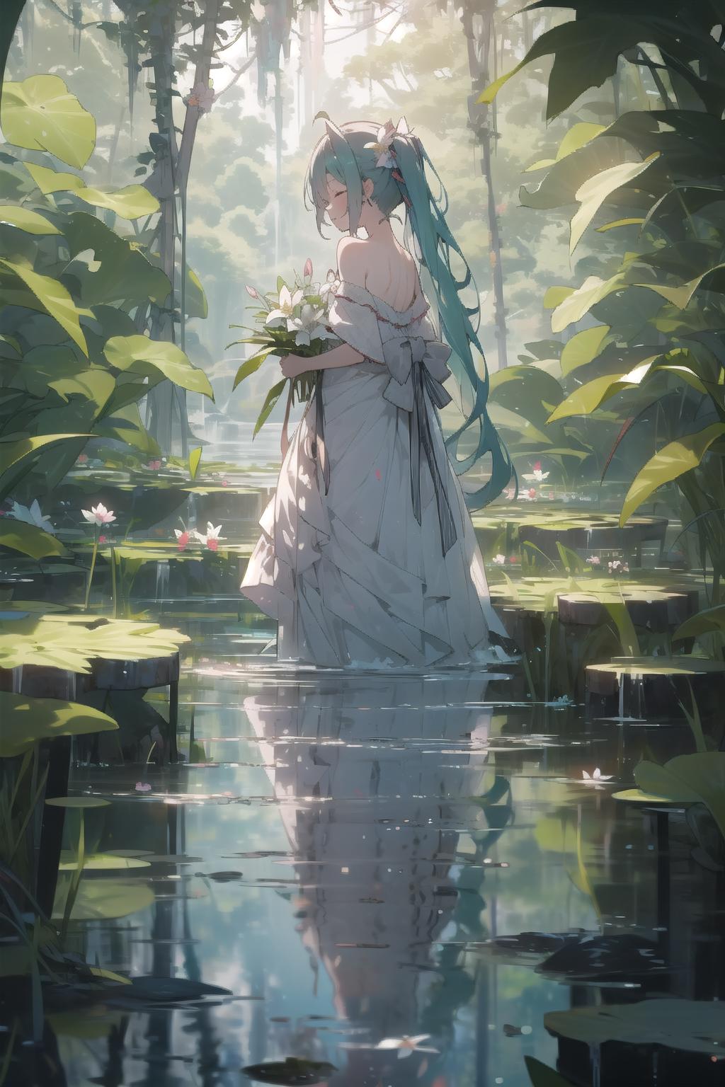 "Fantasy Art: A Woman in a Wedding Dress Carrying Flowers in a Swampy Environment"