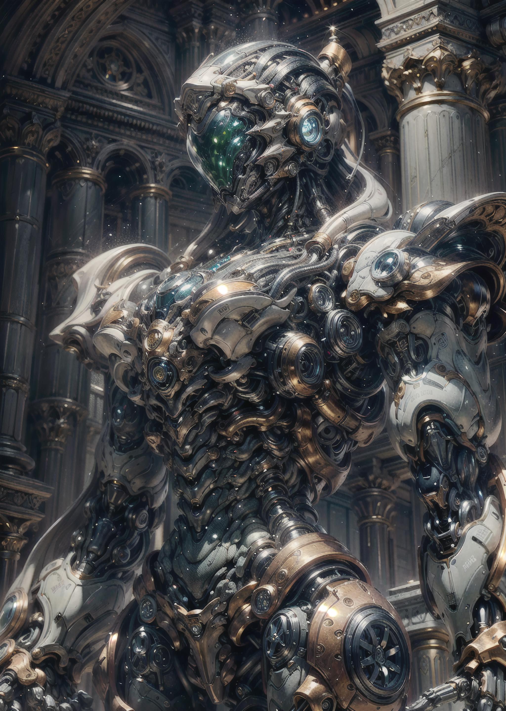 A Robotic Warrior with a Gold and Silver Finish, Standing in a Gothic Cathedral