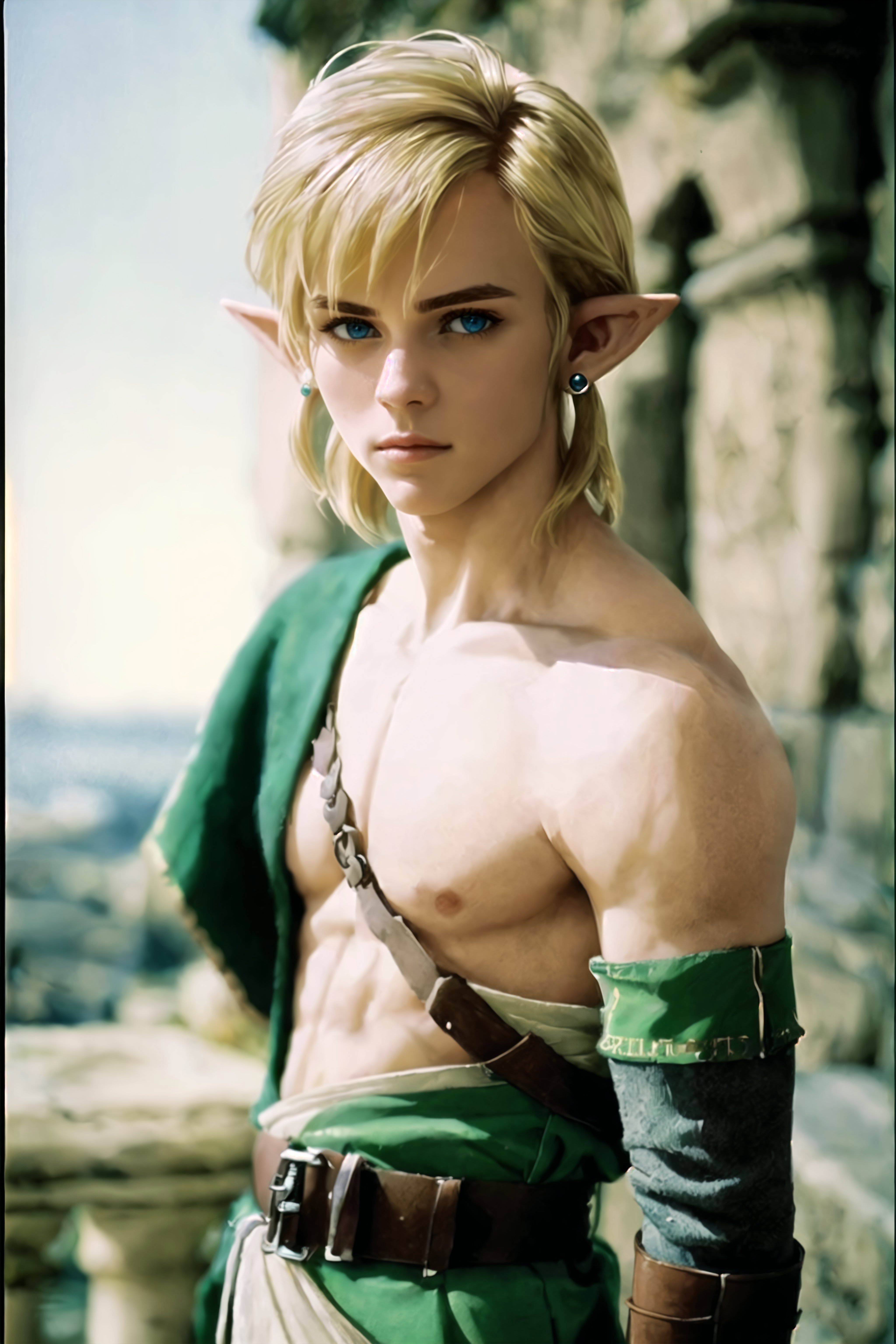 A shirtless man posing as Link from the Legend of Zelda series.