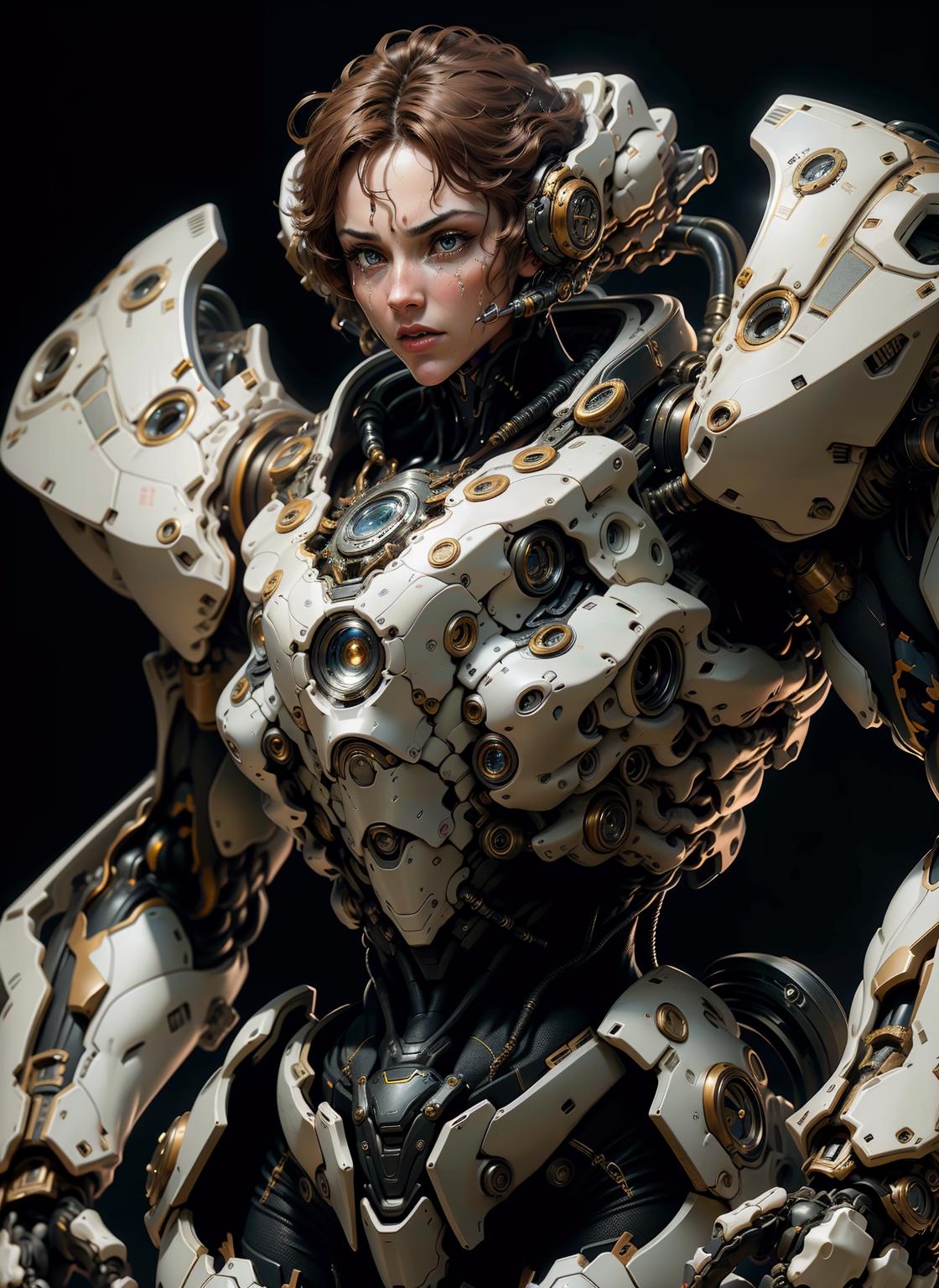 A woman in a white, gold, and black mech suit with glowing eyes.