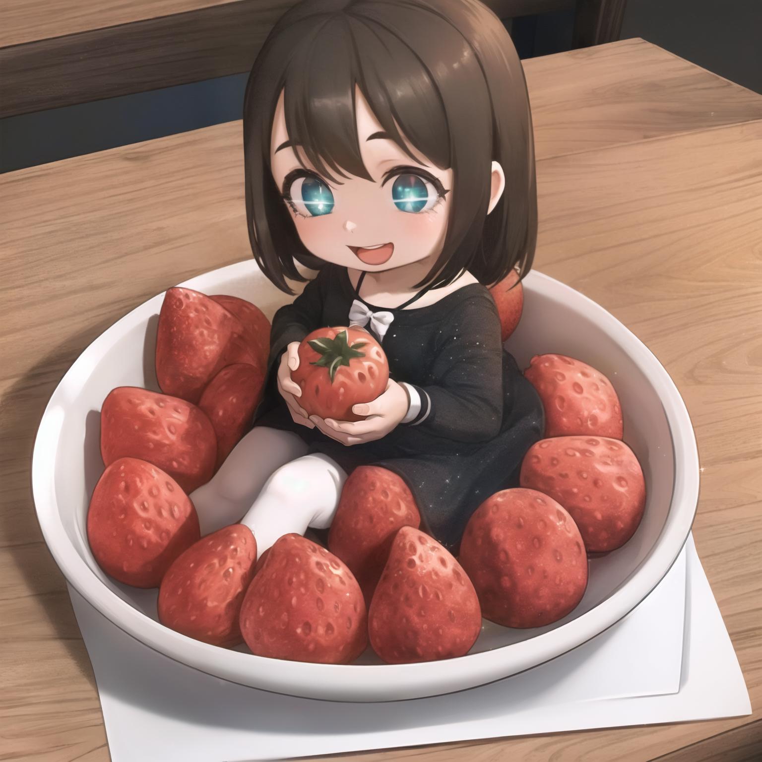 A little girl sitting in a bowl of strawberries.