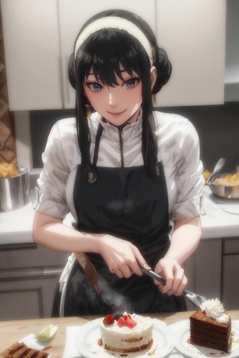 A woman in a chef's outfit, wearing an apron and holding a knife, smiling as she prepares food in a kitchen.