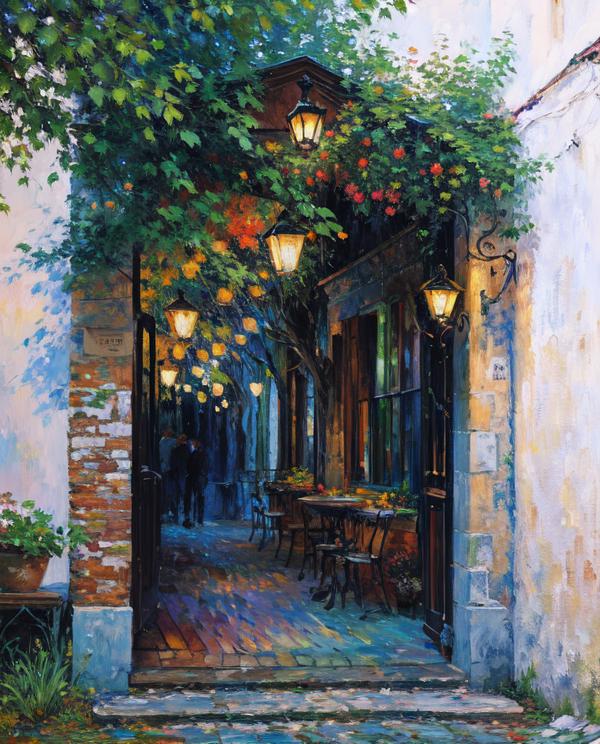 A Painting of a Restaurant with Outdoor Seating and Lights Illuminated at Night
