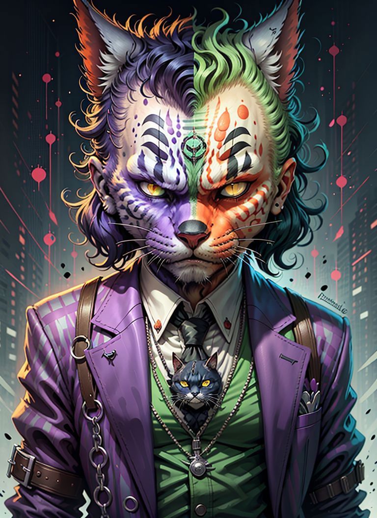 A man with cat face paint and a cat in a purple suit jacket.