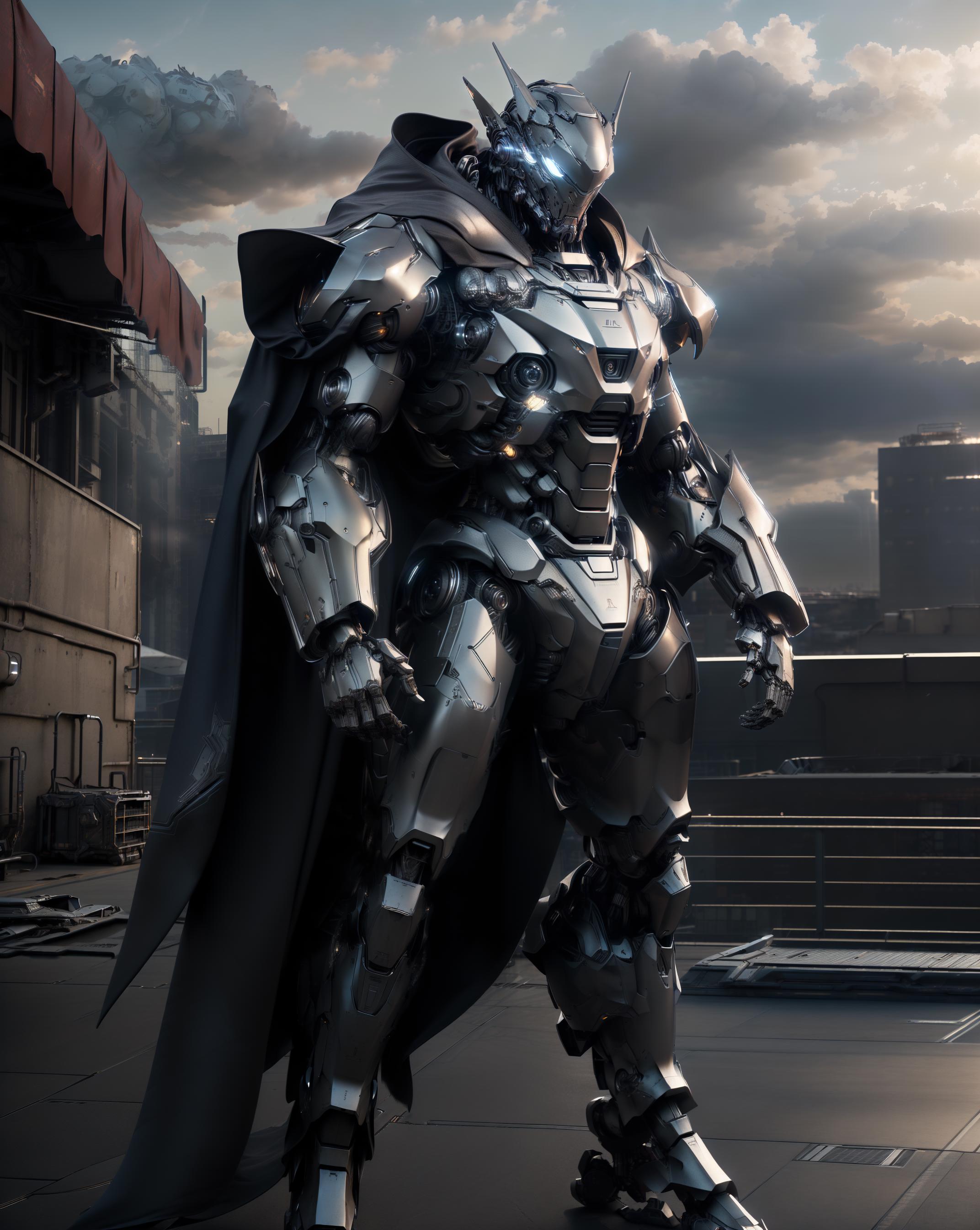 Futuristic Robot with Tall Stature and Silver Armor, Standing in an Urban Environment.