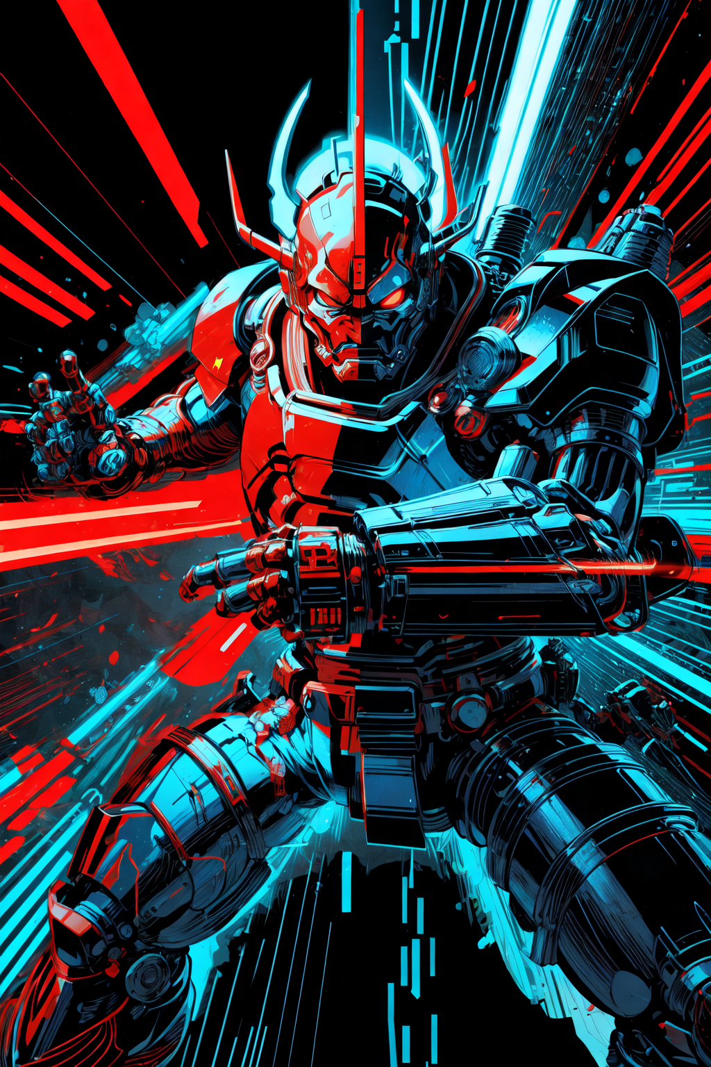 A robot with a sword in its hand is shown in a dynamic pose, with a red and blue background.