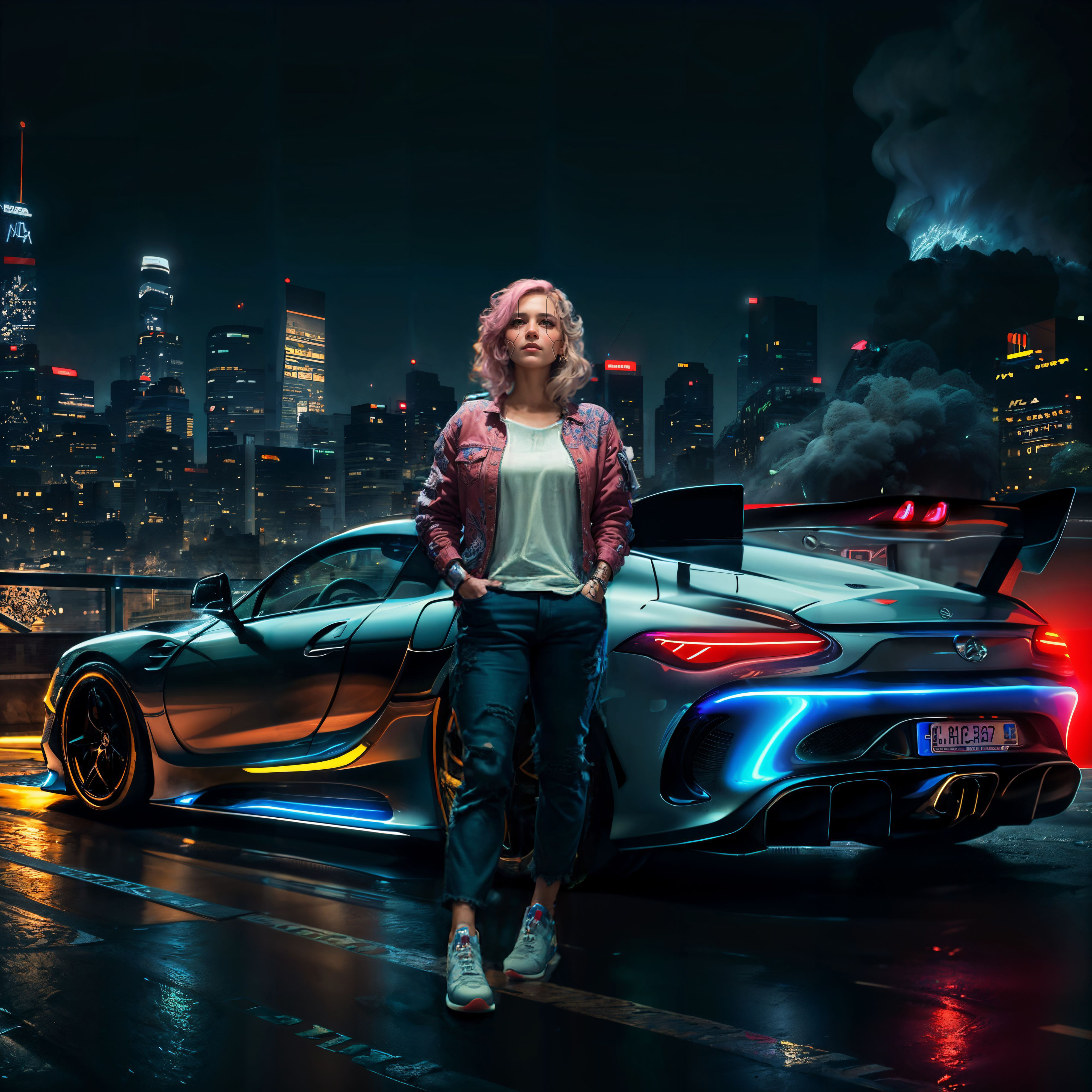 A woman standing next to a futuristic concept car in a city at night.