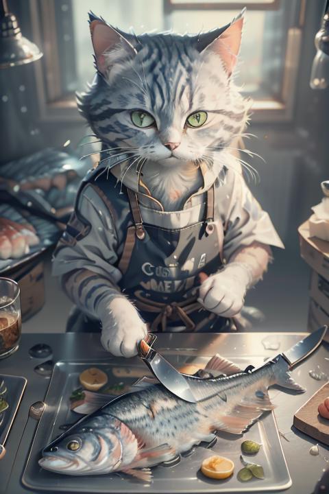 A cartoon cat dressed in an apron, cutting a fish with a knife.