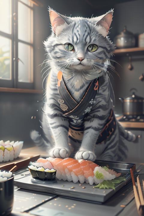 A gray and white cat is sitting on a table with sushi in front of it.