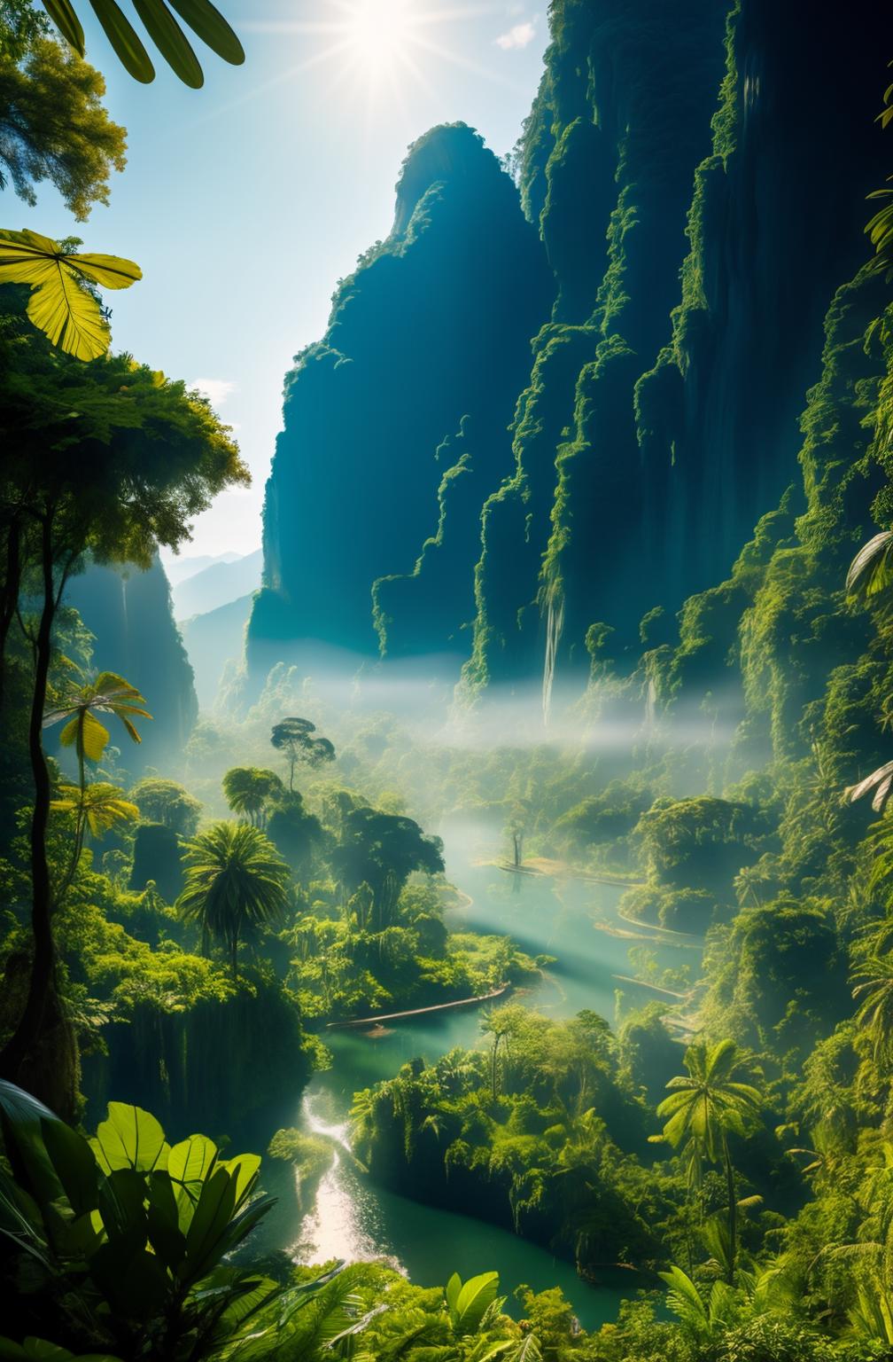 A lush green forest with a river running through it and a misty mountain in the background.
