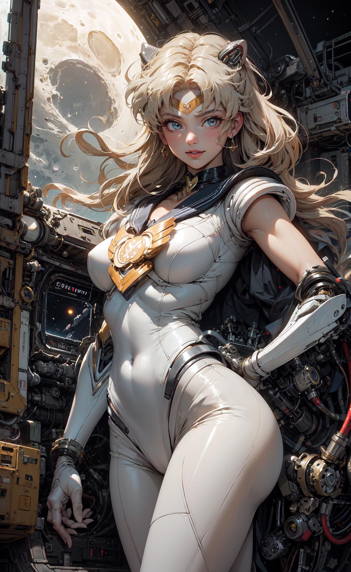 Anime-style female character with blonde hair, wearing a white suit and a black cape, standing in front of a space ship.