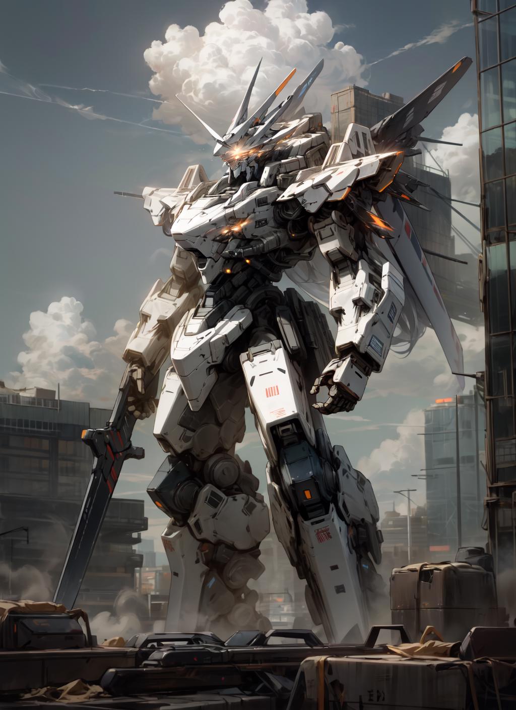 A large robot or mech stands in a cityscape, holding a sword.