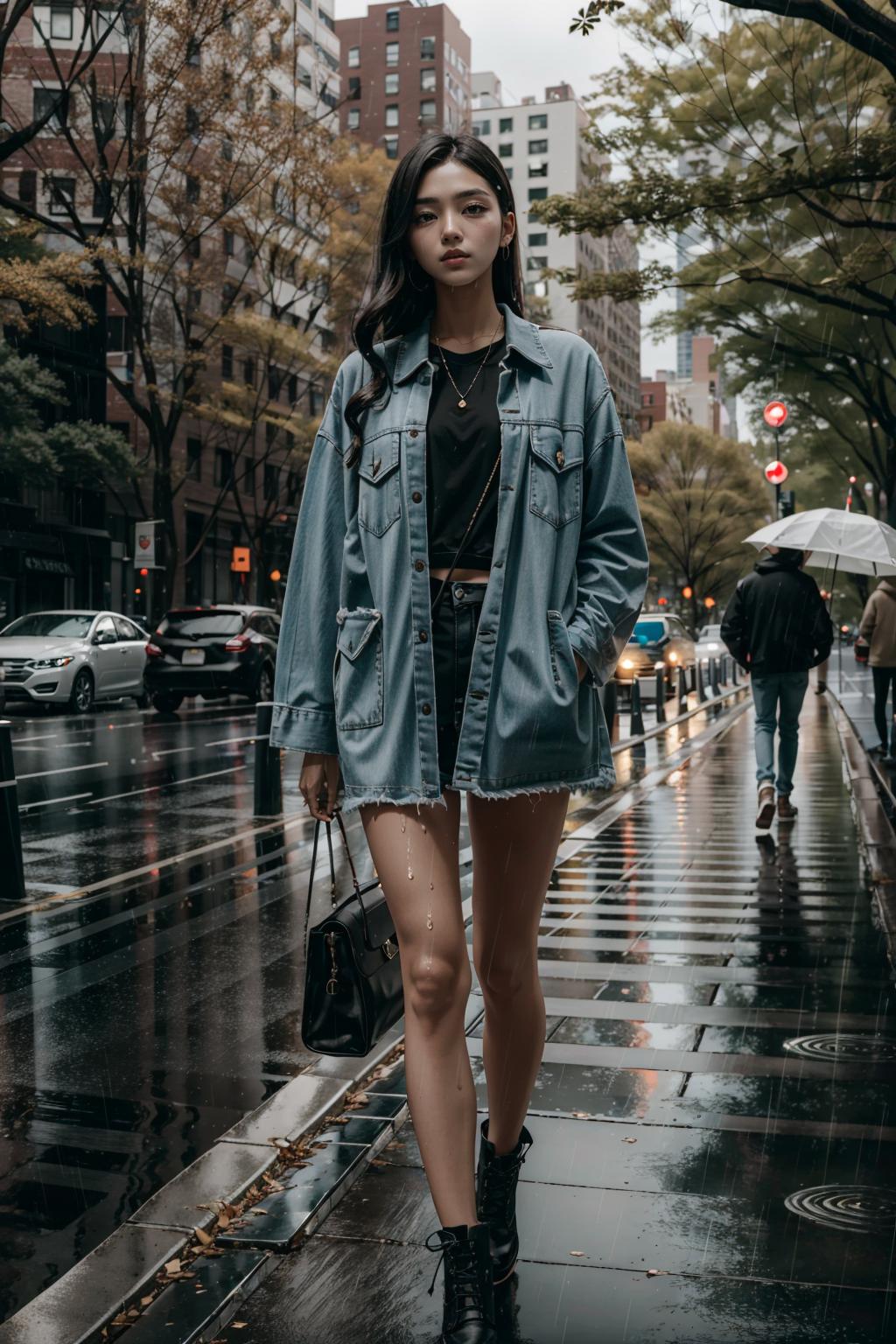 Woman in a blue jacket and jean shorts walking down a rain-soaked city street.