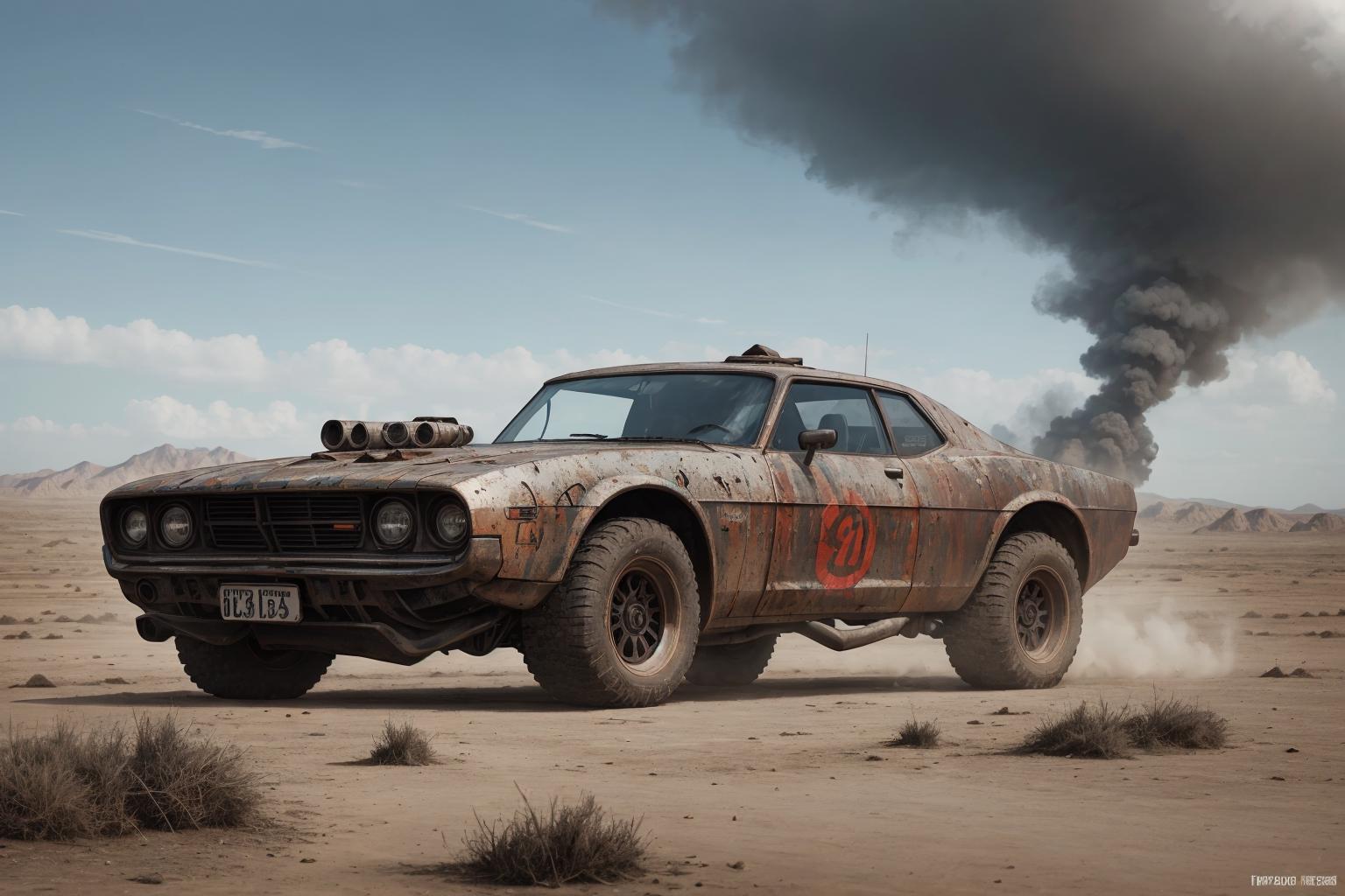 A rusty car with flames painted on the hood and a number 13 on the door, driving on a dirt road in a barren environment.
