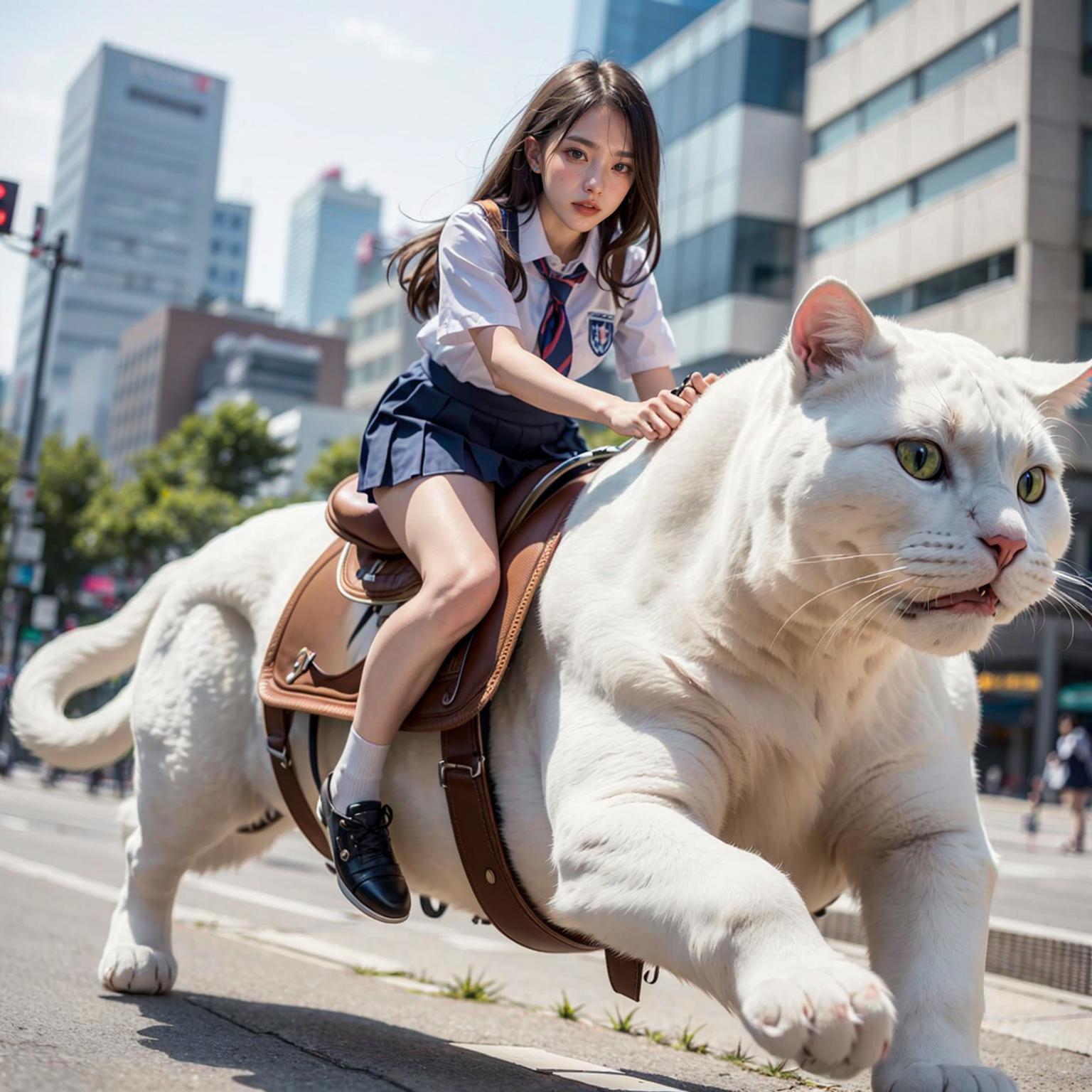 A little girl riding a white cat-like animal, which appears to be a giant stuffed toy. The girl is wearing a white shirt and a tie, and she is riding the toy cat on a city street.