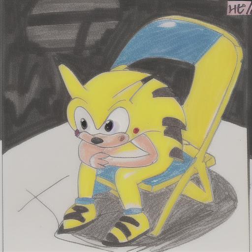 Cartoon drawing of a Sonic the Hedgehog character sitting on a chair.