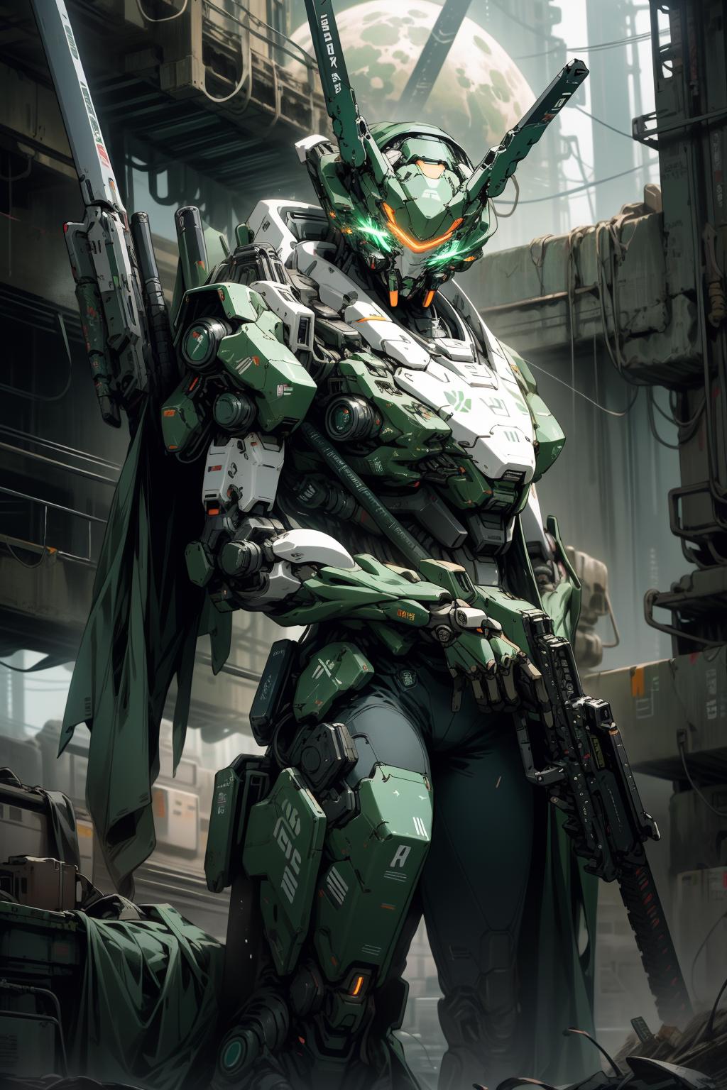 A robot with a green cape and guns on its back standing in a factory.