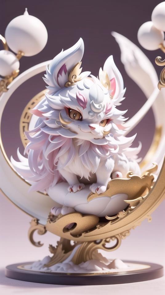 White and Gold Cat Statue with Ruby Eyes and Crown on its Head.