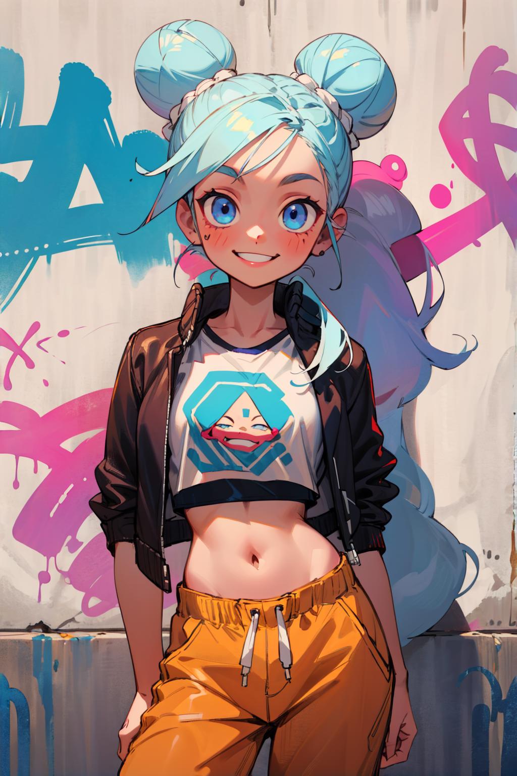 A cartoon illustration of a young girl wearing a leather jacket, a blue shirt, and yellow shorts.