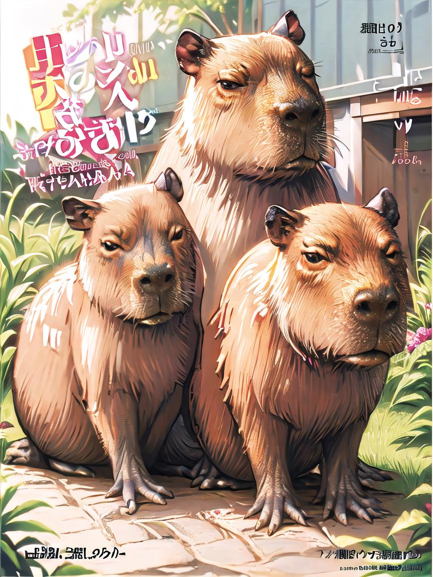 Anime-style cartoon of three cute animals sitting together.