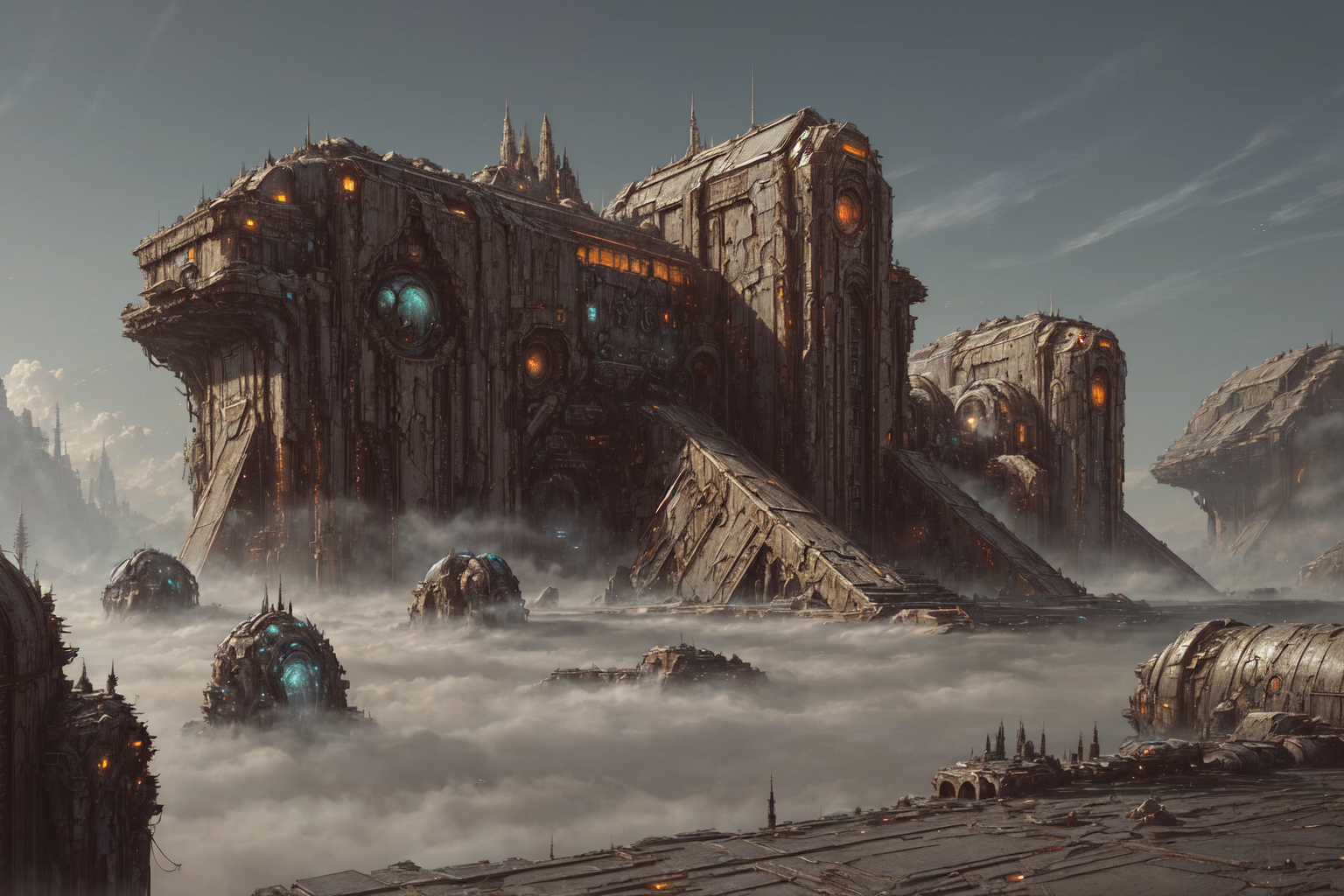 An Artistic Rendering of a Futuristic City with Ancient Ruins and a Building with Three Towers