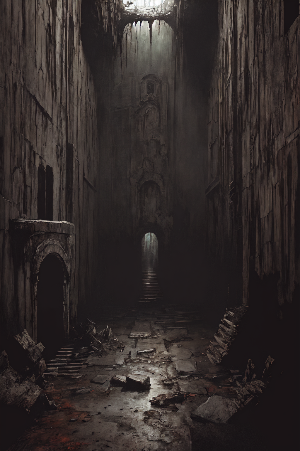 A dark, narrow, and creepy hallway leading to a dark doorway.