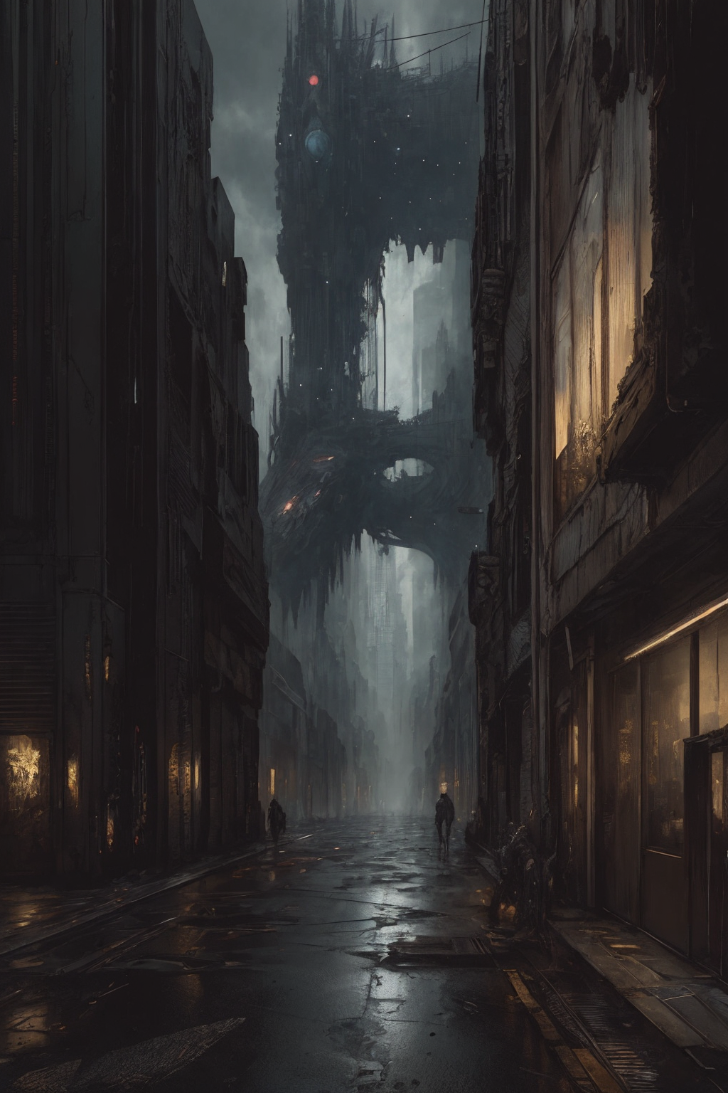 A dark and eerie street with a looming monster and a person walking down the middle.