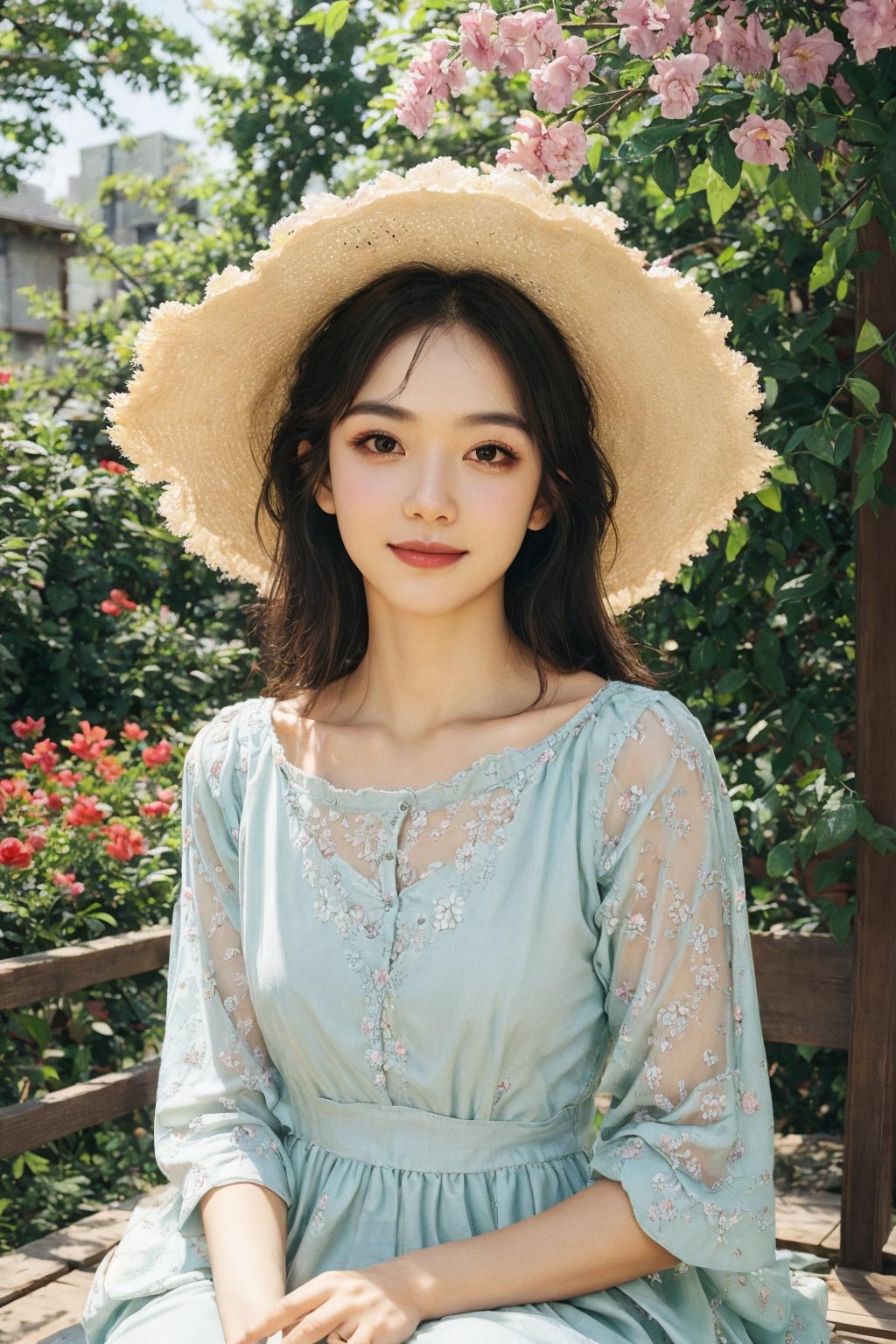 A young woman wearing a straw hat and a blue flowered dress poses for the camera.