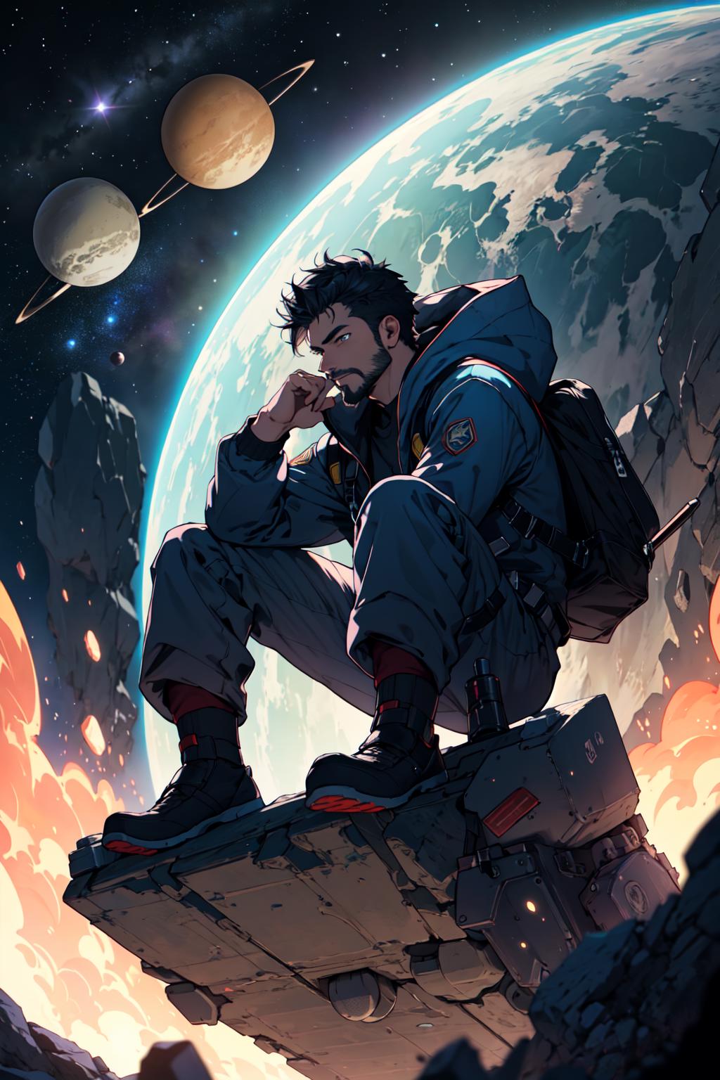 The man with a beard and a backpack sits on a rock, looking up at the planets.