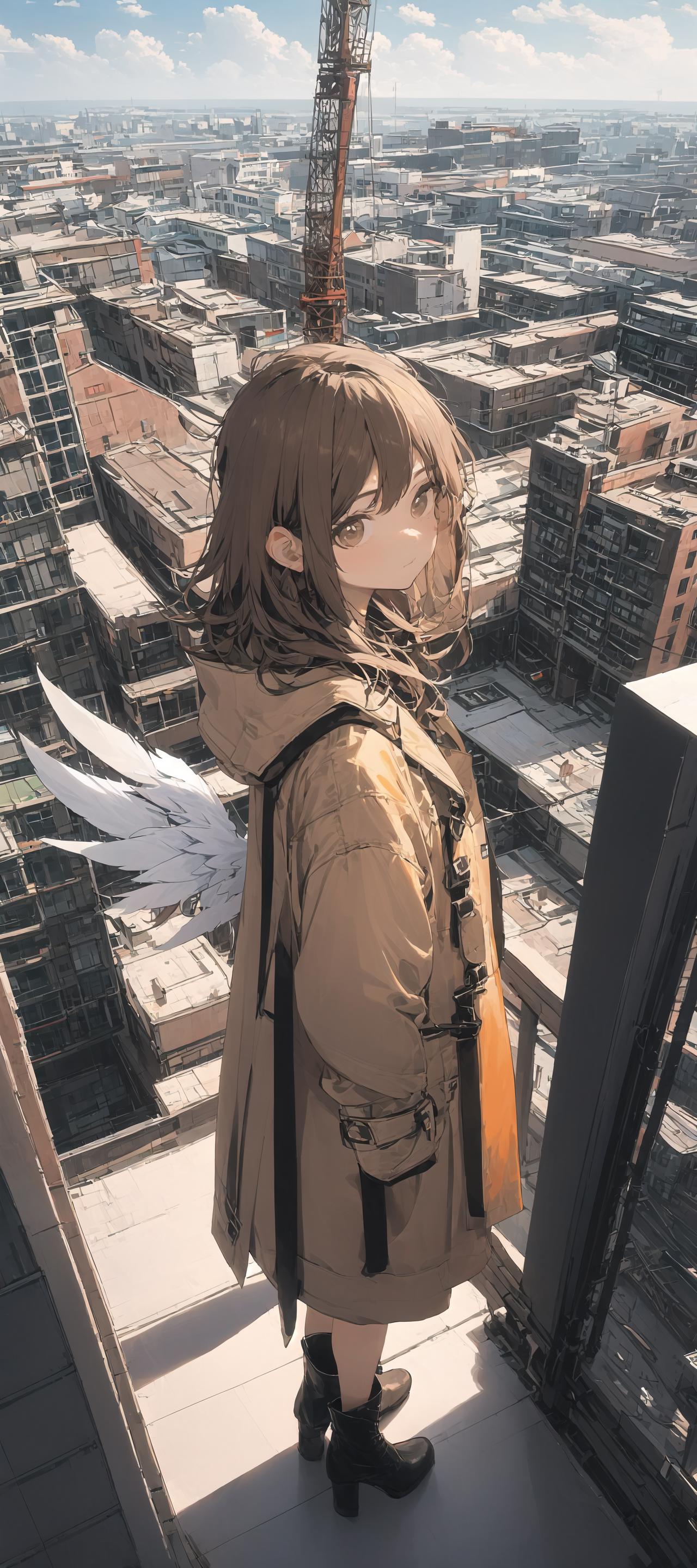 A woman with wings standing in a city.