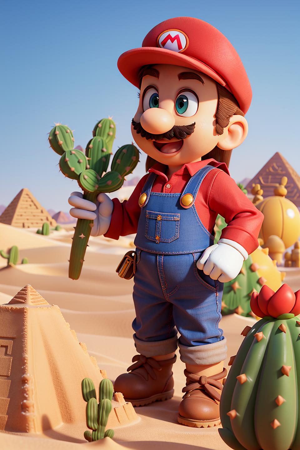 A cartoon character holding a cactus, wearing overalls and a red hat.