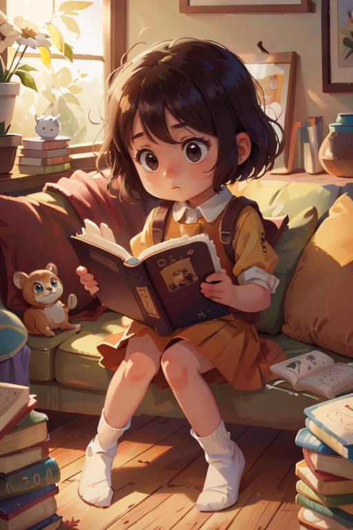 A young girl reading a book while sitting on a couch.