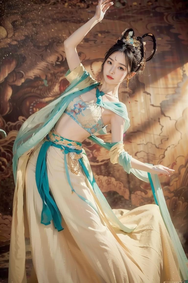 A woman in a blue and gold dress dancing gracefully.