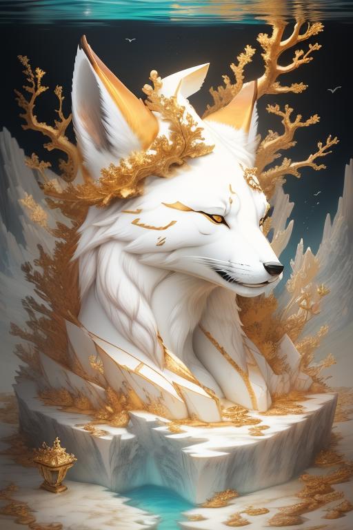 A fantastical white fox with a golden crown and intricate details on a black background.