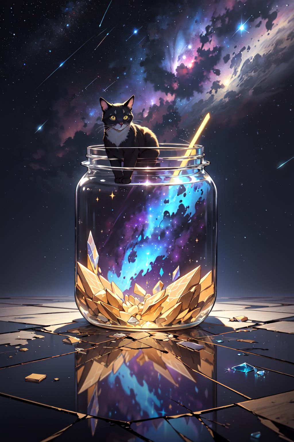 A black and white cat sitting in a jar filled with crystals.