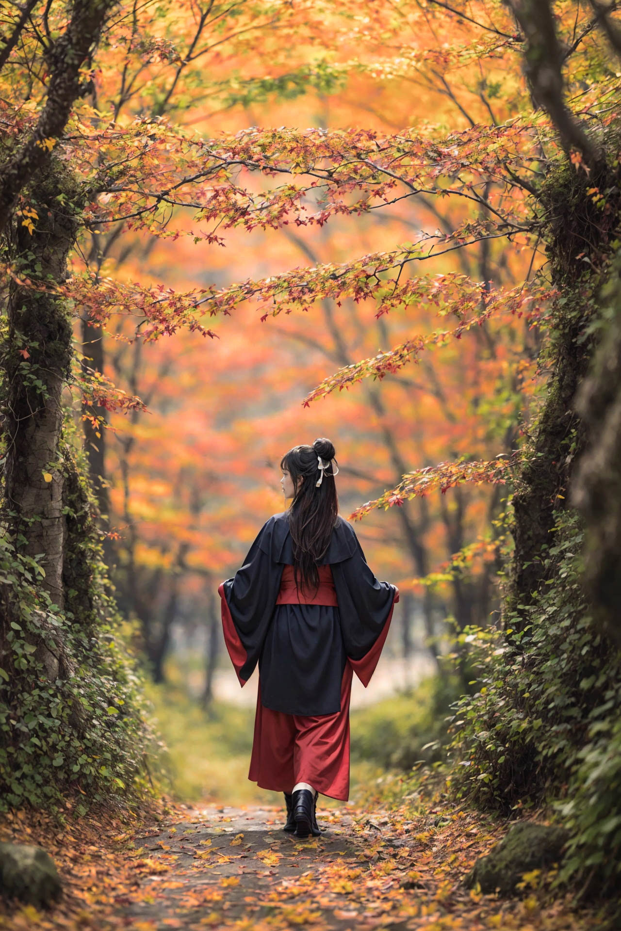 A woman wearing a kimono walks down a path surrounded by trees with red leaves.