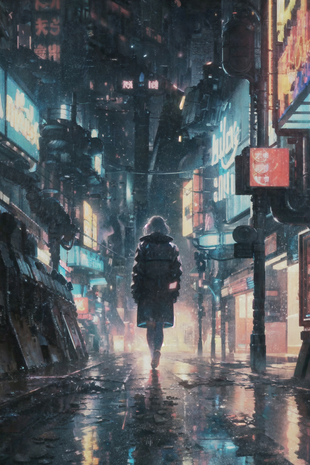 A woman walking alone in a large city at night.