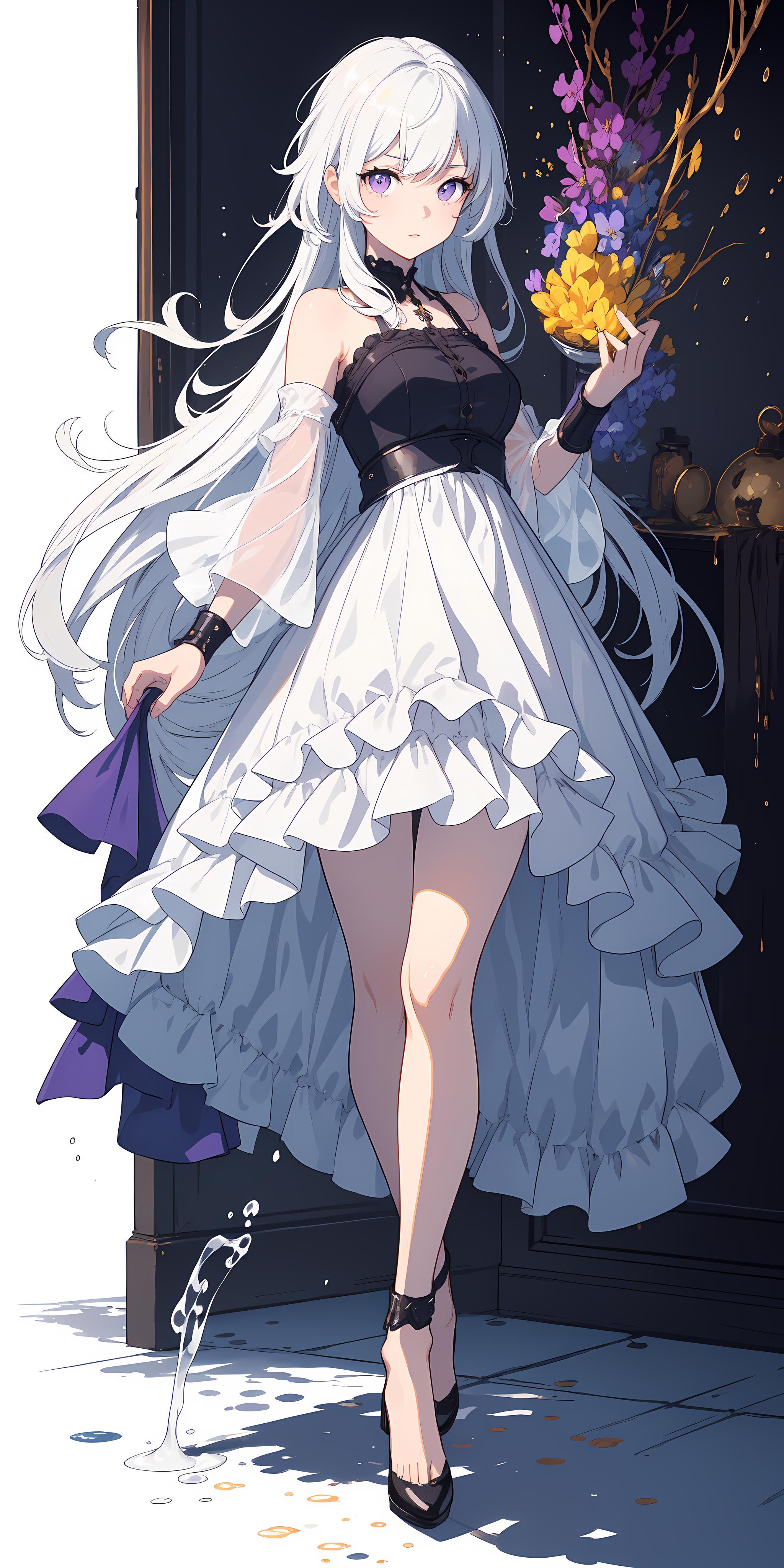 A beautifully drawn image of a woman in a white dress with blue accents, holding a blue umbrella.