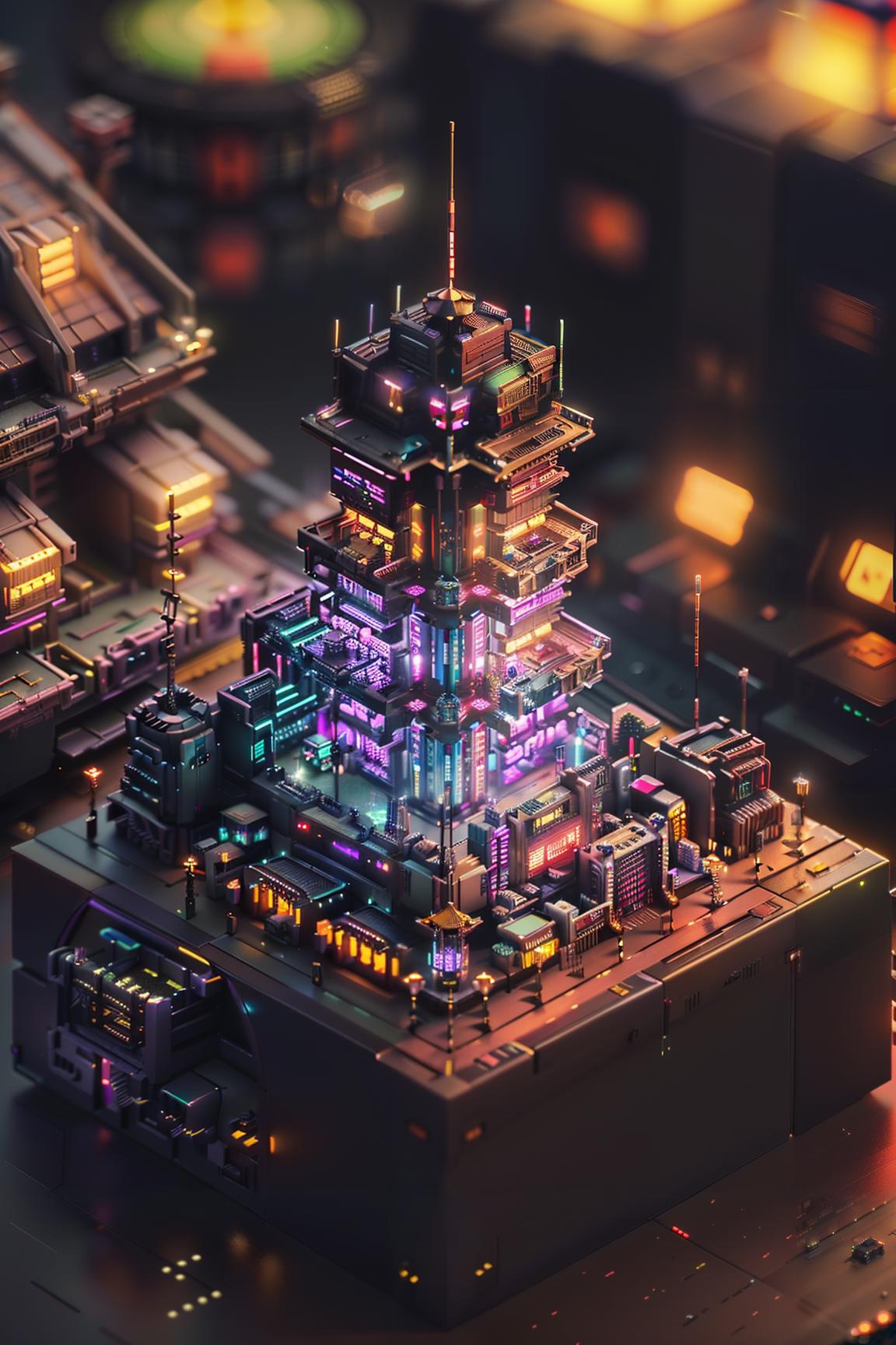 Computer-generated 3D image of a futuristic city skyline with a large tower at the center, lit up with purple lights.
