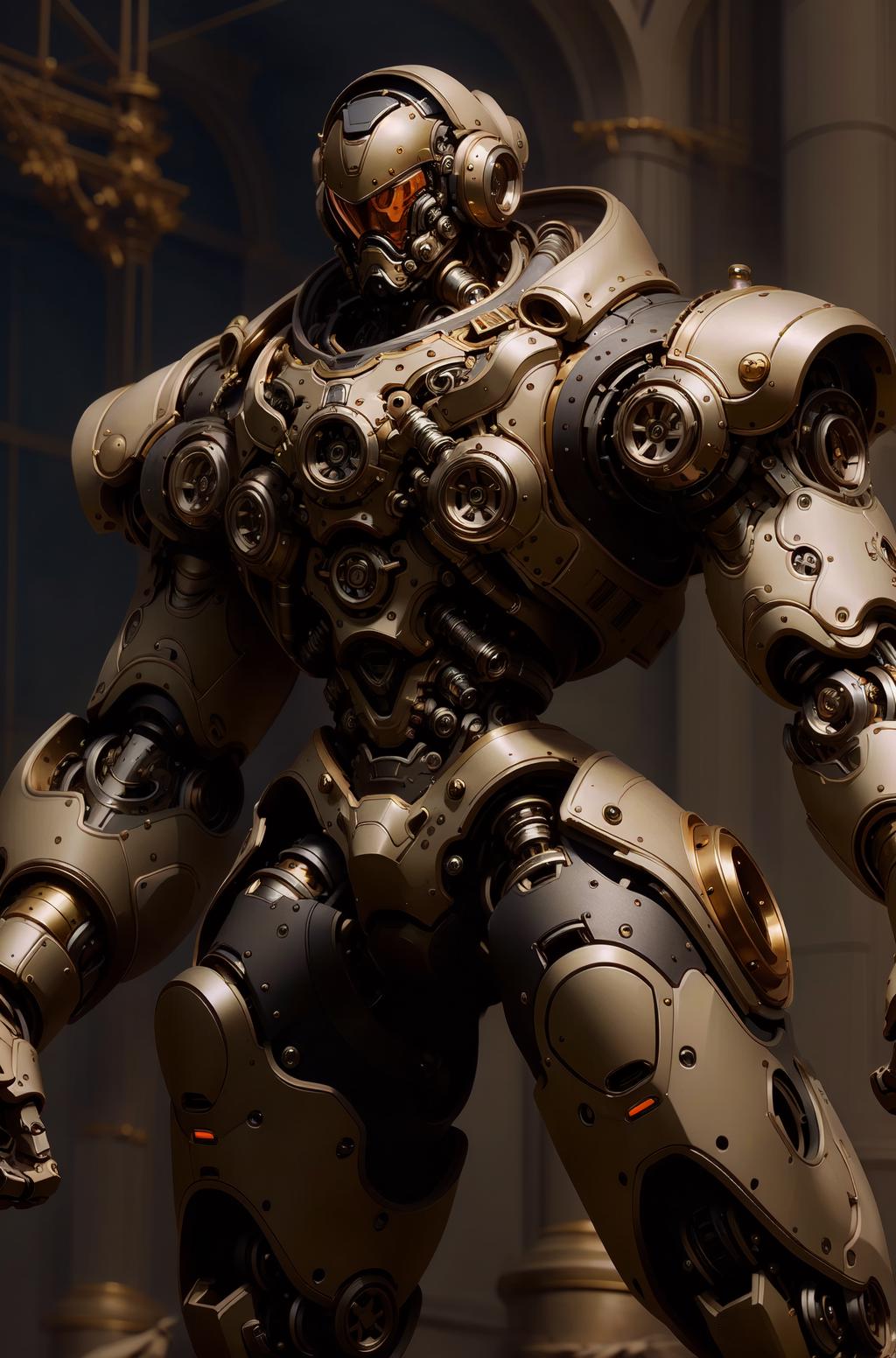 A robot with a gold and silver body and gears.